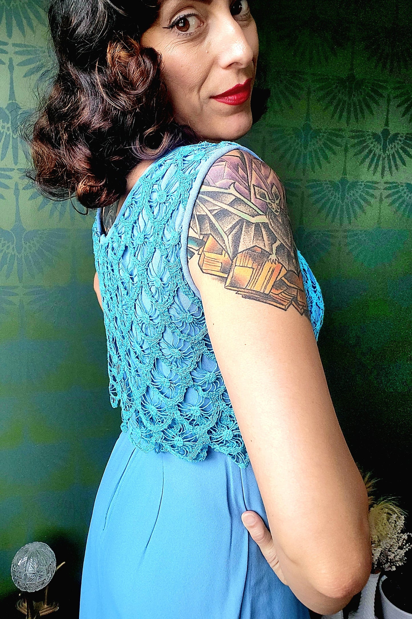 SOLD - Vintage 1960's Sky Blue with Teal Crocheted Bodice Shift Dress