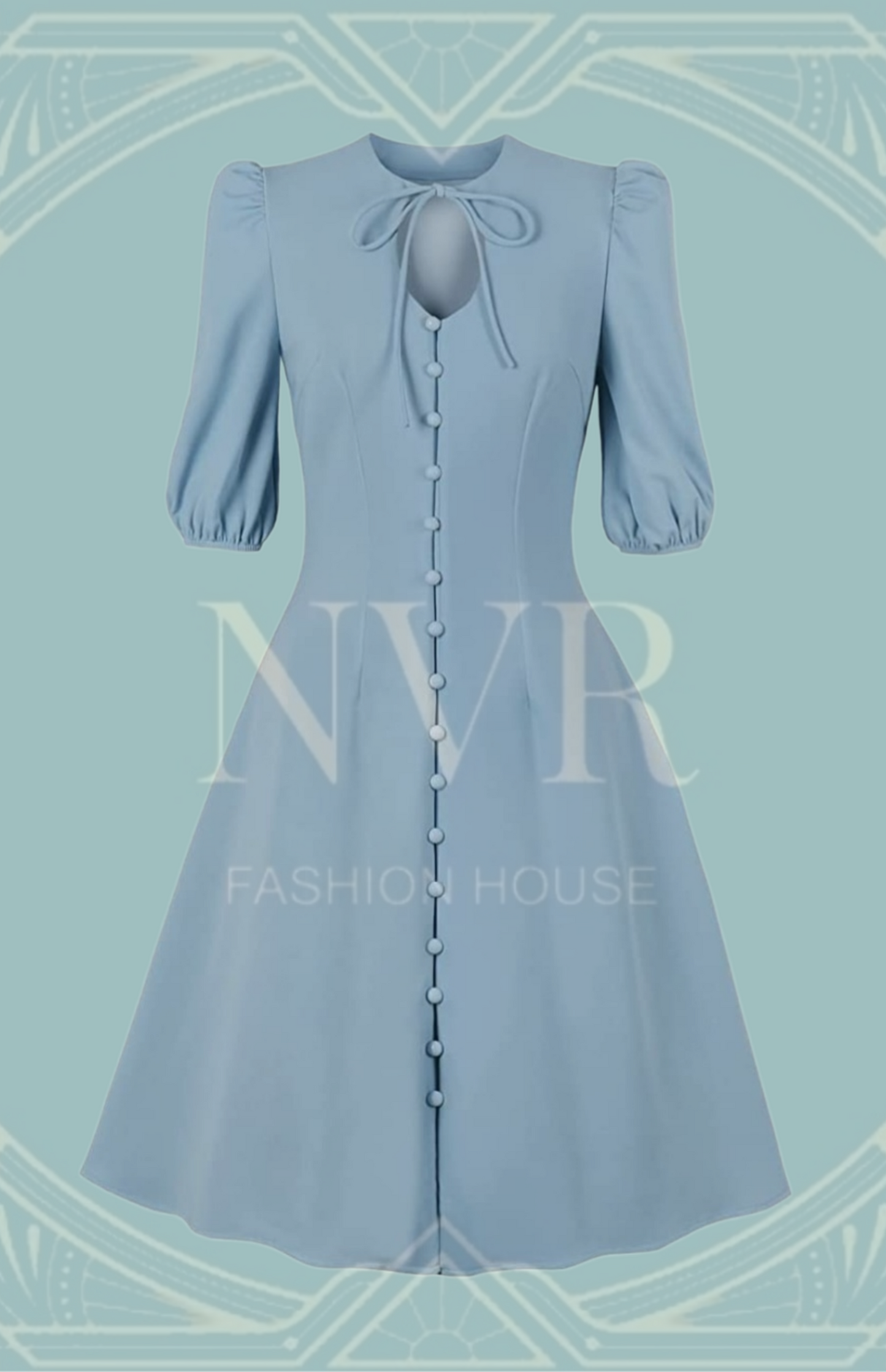 Vintage Style Button Front Keyhole A-line Dress-Pale Blue