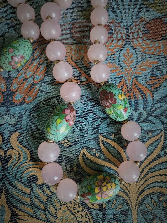 STYLE 7011 - Vintage Rose Quartz and Art Nouveau Floral Beaded Necklace