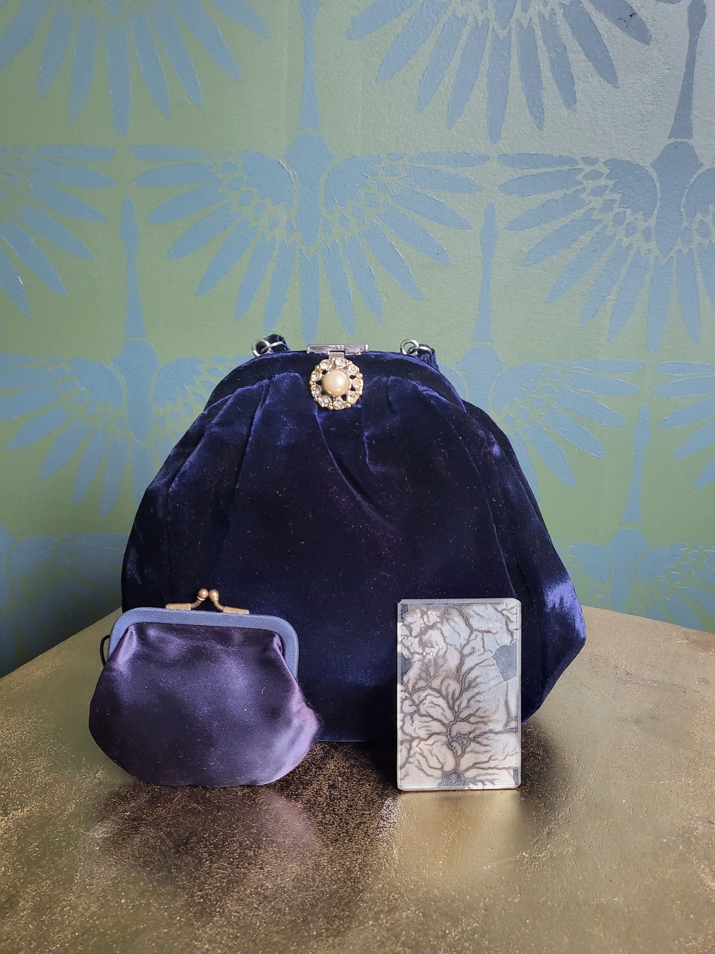 SOLD - Vintage 1940's-1950's Navy Velvet Evening Bag - Rhinestone and Pearl Clasp