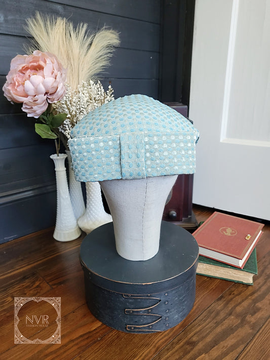 HAT42 - Vintage 1950s Pale Blue Dot Half Hat with Large Bow