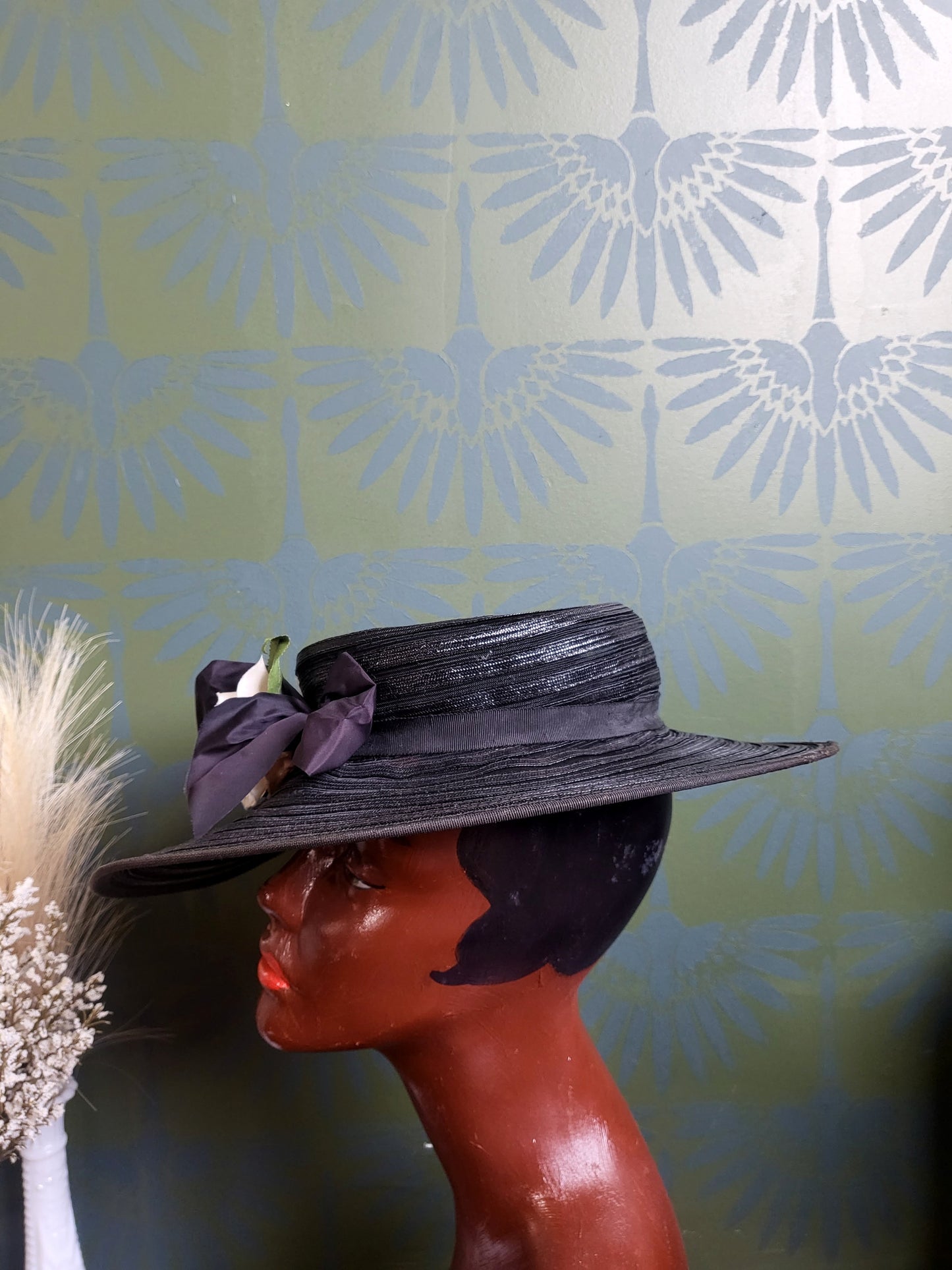 HAT27 - Vintage Striped Black Straw Weave Wide Brim Sun Hat