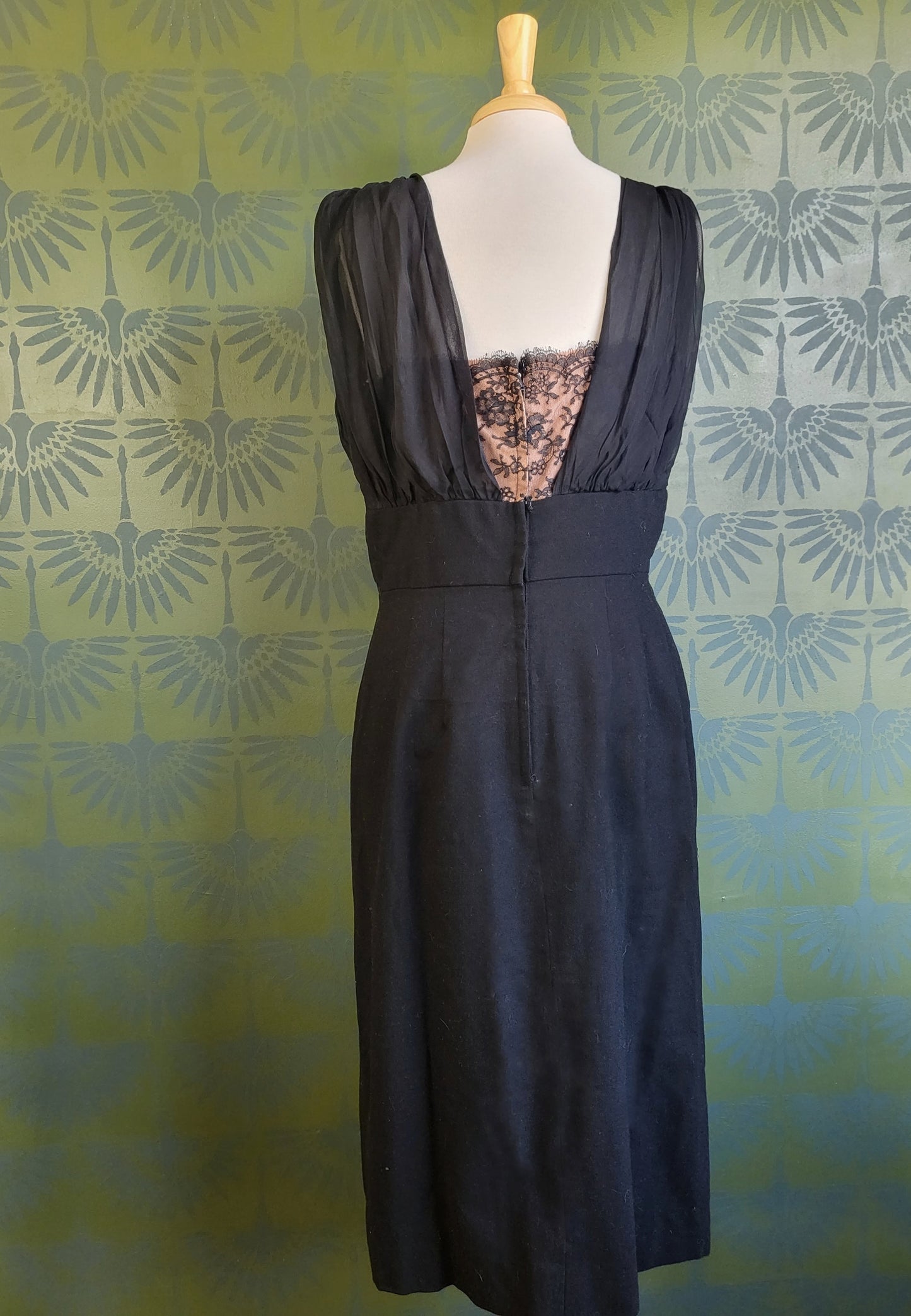 Vintage Black Cocktail Dress with Lace and Silk Chiffon Bodice