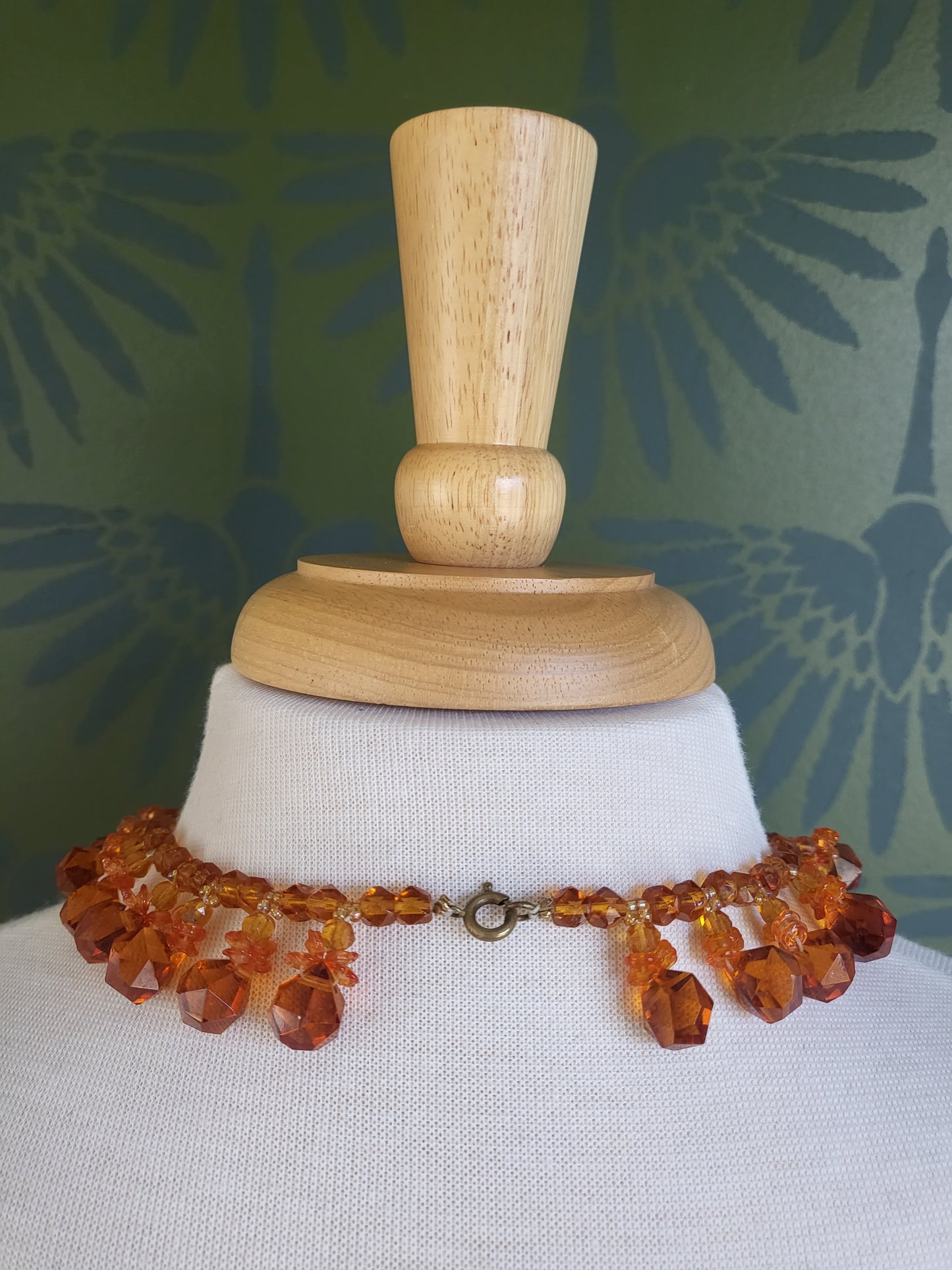 SOLD - Vintage Translucent Pumpkin Faux Crystal Bead Necklace and Earring Set