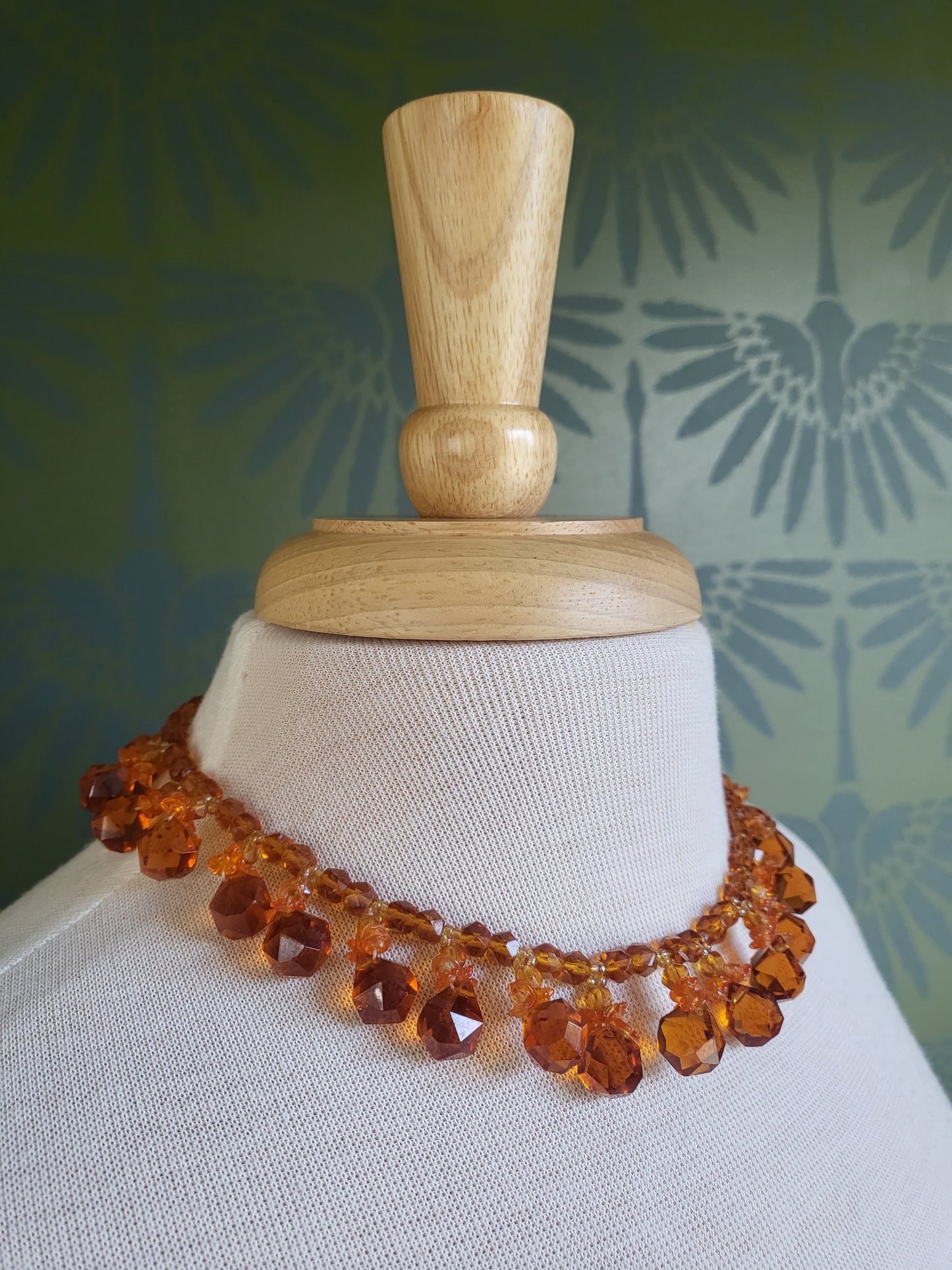 SOLD - Vintage Translucent Pumpkin Faux Crystal Bead Necklace and Earring Set