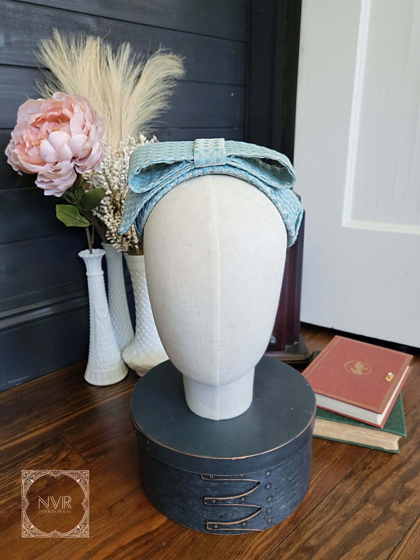 HAT42 - Vintage 1950s Pale Blue Dot Half Hat with Large Bow