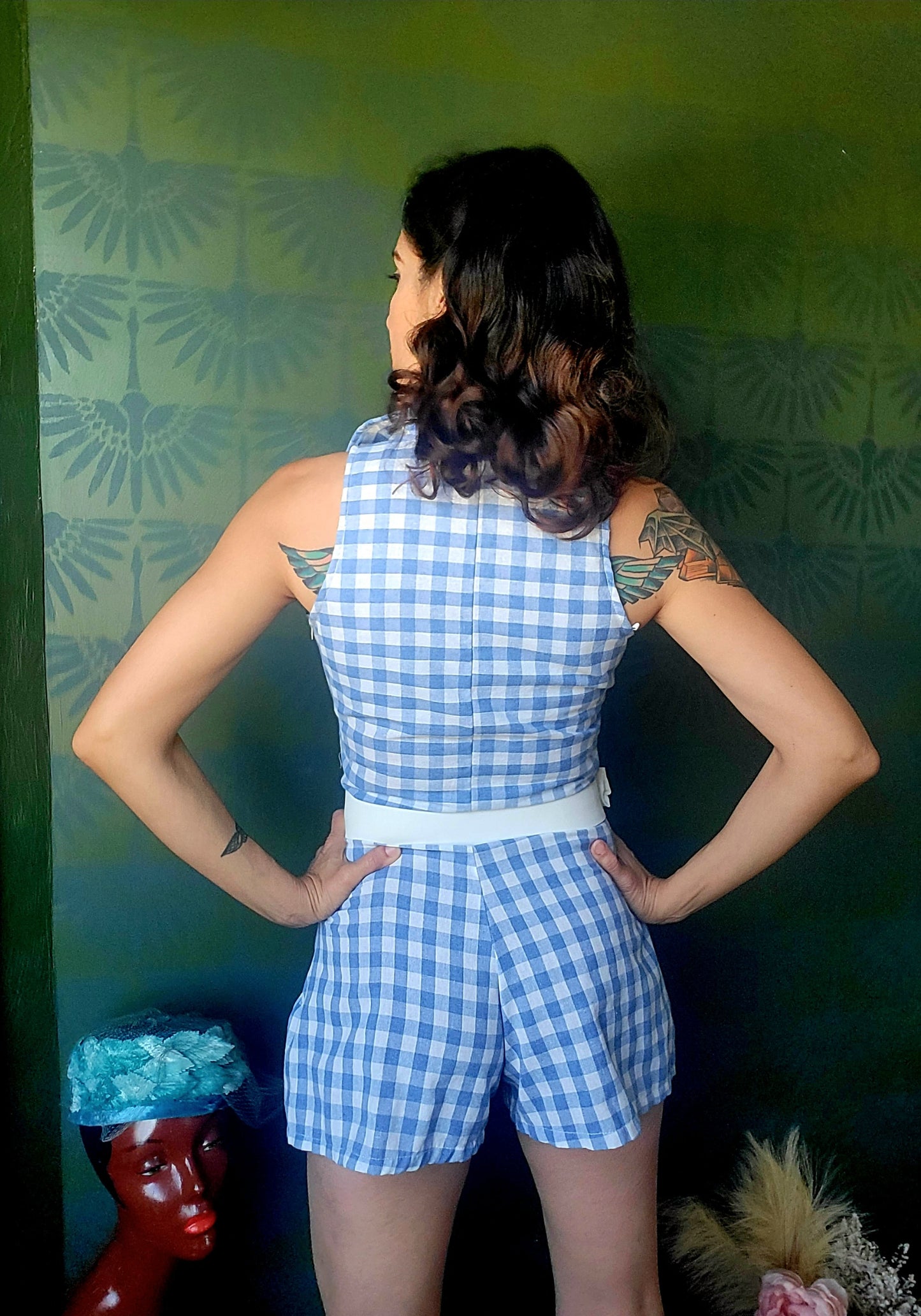 Vintage Style Gingham Playsuit - Blue/White