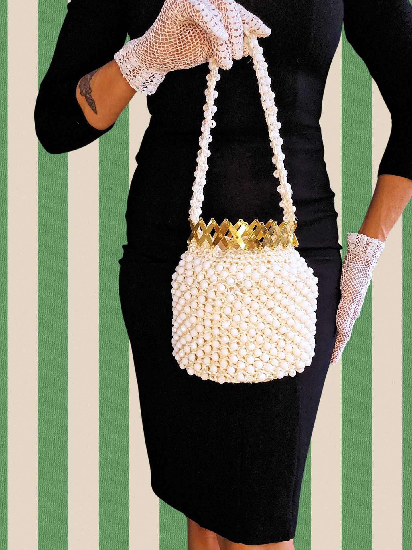 SOLD - Vintage 1950's "Le Jule" White Beaded Straw Accordion Top Bag
