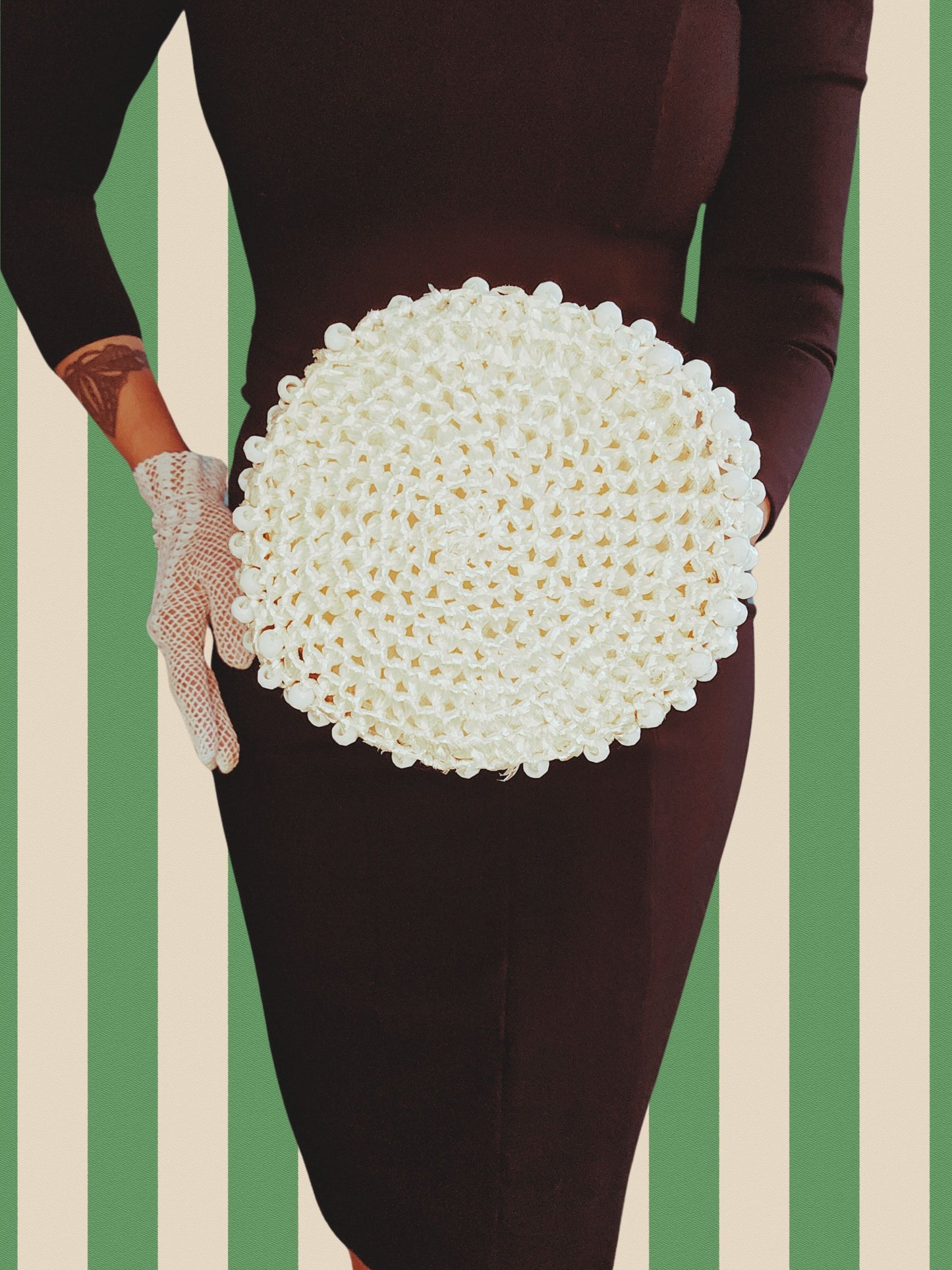 SOLD - Vintage 1950's "Le Jule" White Beaded Straw Accordion Top Bag