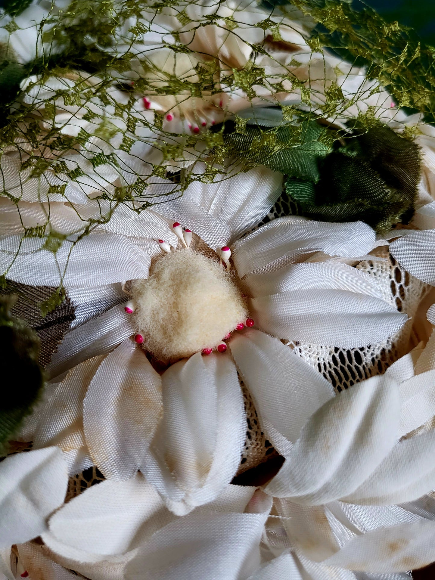 SOLD - Vintage 1950s-1960s Kent of New York Ivory Daisy Trimmed Topper With Green Birdcage Veil