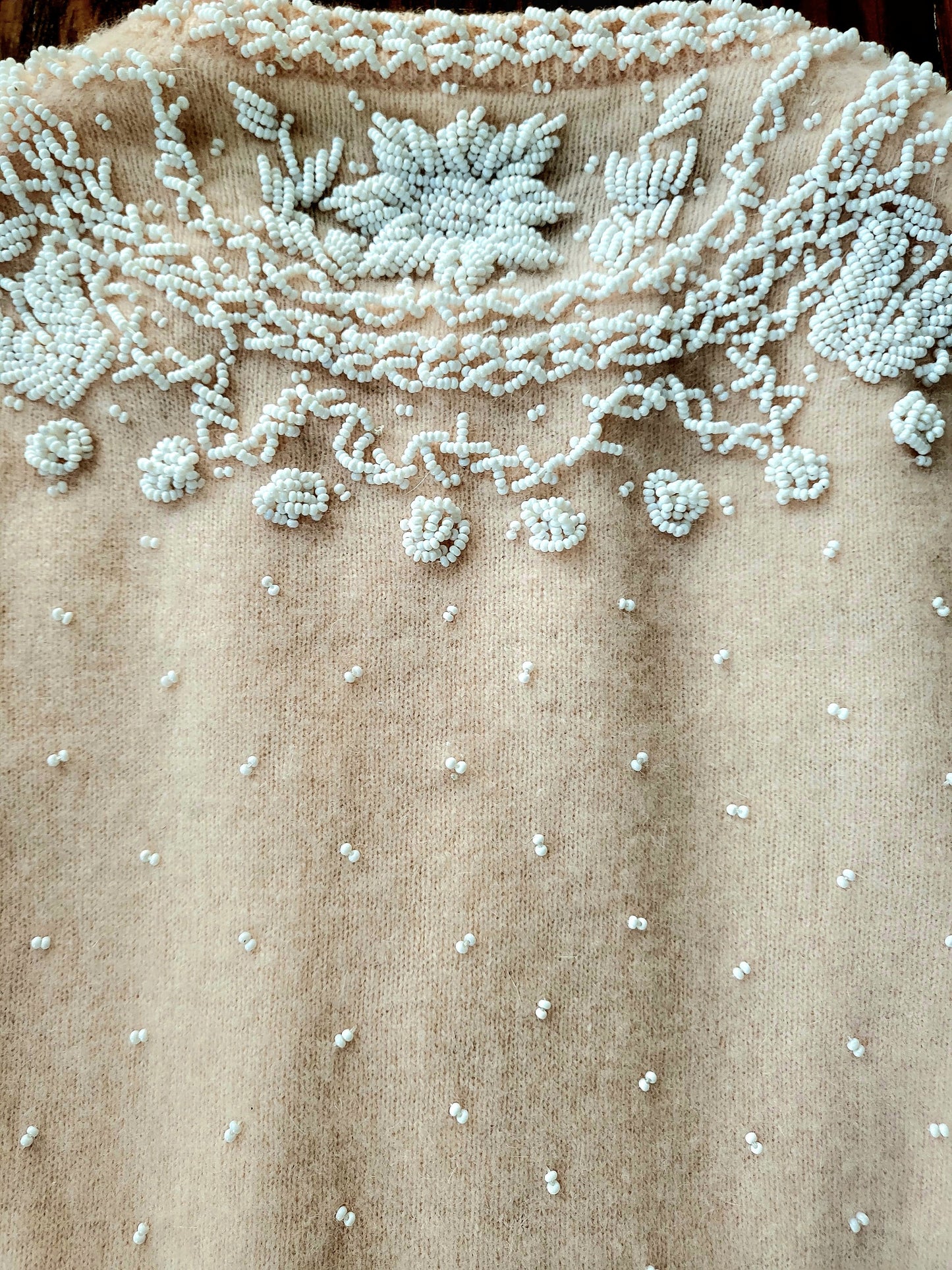 SOLD - Vintage 1950's Doreen Loh Pale Peach Beaded Cashmere Wool Cardigan