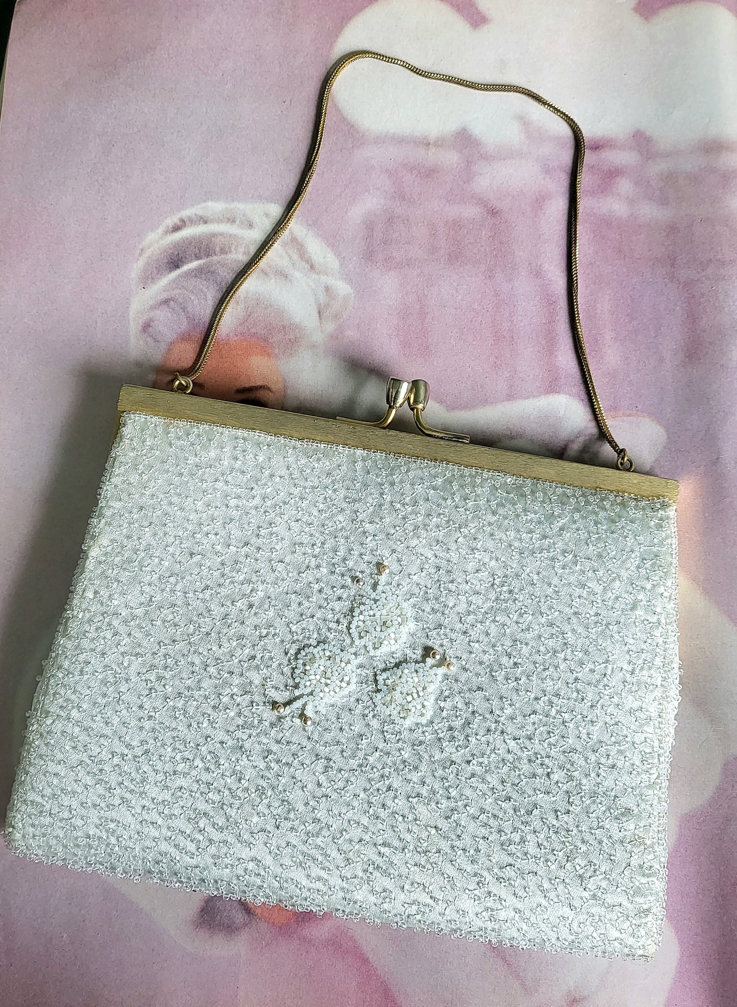 SOLD - Vintage 1950's White Satin and Bead Evening Bag