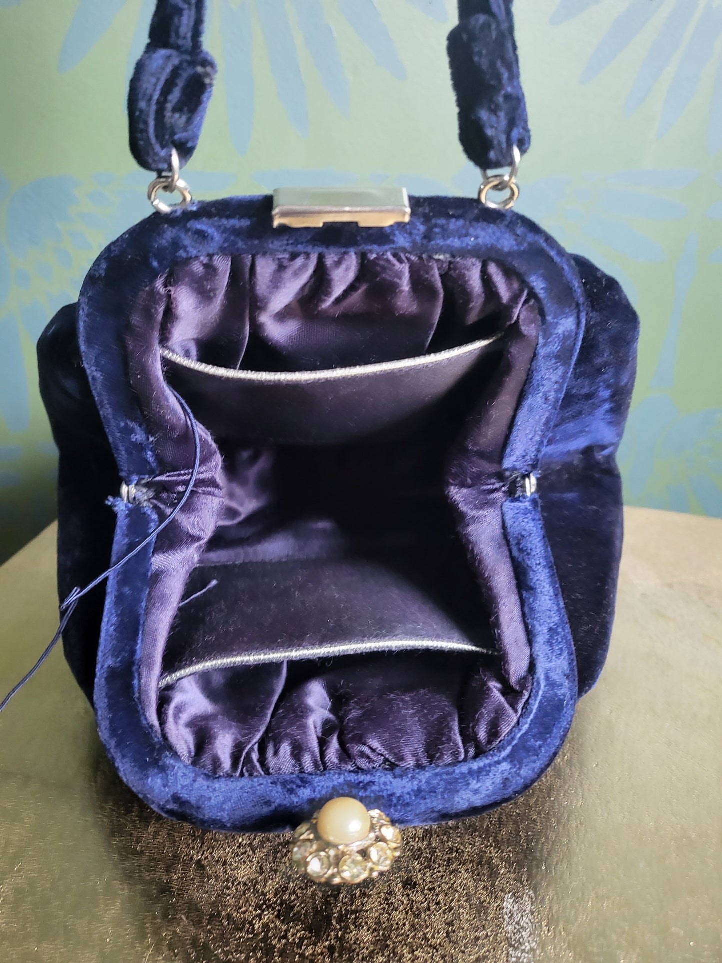 SOLD - Vintage 1940's-1950's Navy Velvet Evening Bag - Rhinestone and Pearl Clasp