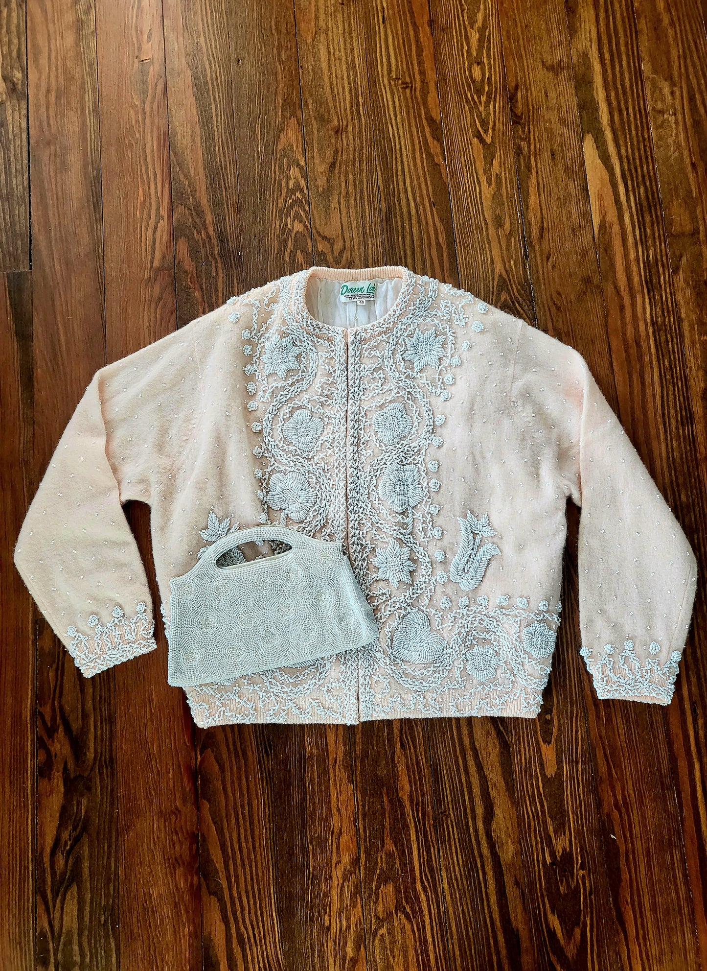 SOLD - Vintage 1950's Doreen Loh Pale Peach Beaded Cashmere Wool Cardigan