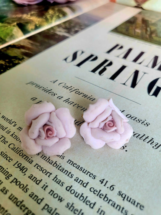 Vintage Pink Clay Rose Earrings and Golden Fence with Pink Roses Brooch Set (Clip-on)
