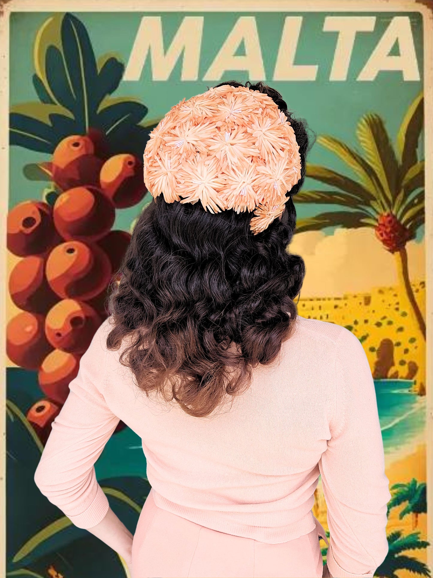 SOLD - Vintage 1950's - 1960's Peach Chrysanthemum Crescent Topper