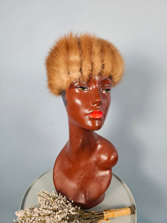 1940s-1950s Golden Honey Mink Pillbox Hat