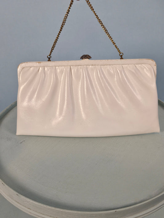 STYLE 2010 - Vintage 1960's White Leather Clutch with Hide-Away Handle