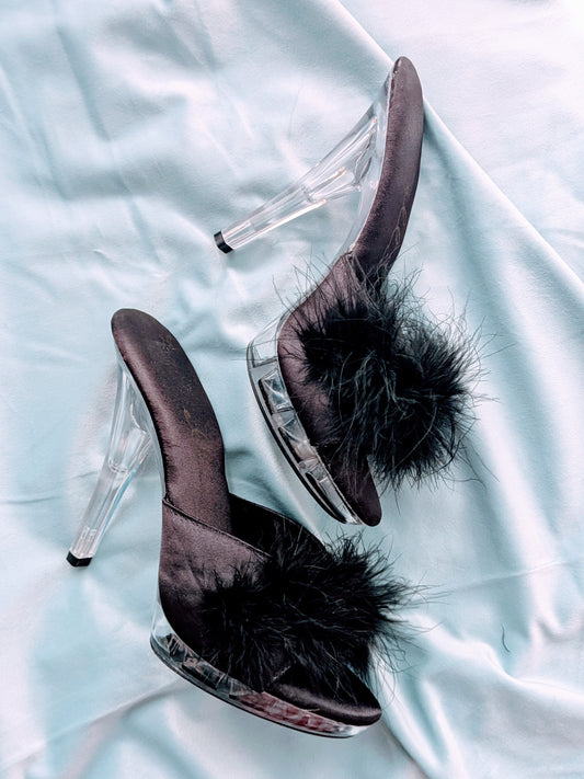"Ellie" Black Marabou & Clear Lucite Mules