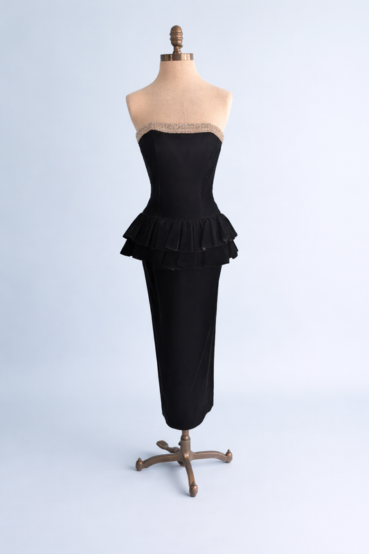 Vintage 1980s “Does 1940s” After Five by Julie Duroché Black Velvet Peplum Wiggle Dress
