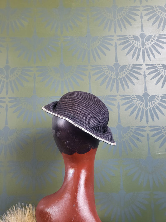 SOLD - Vintage 1930's-1940's Navy Straw Topper with Ivory Flowers