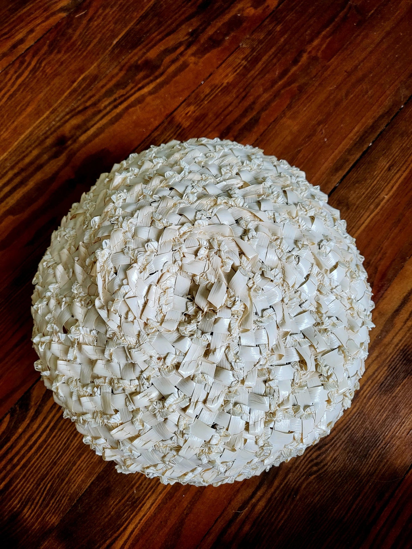 SOLD - Vintage 1950s-1960s Voguemont  Ivory Straw Weave Volume Hat with lemon Yellow Ribbon Trim and Faux Pearl Adornment