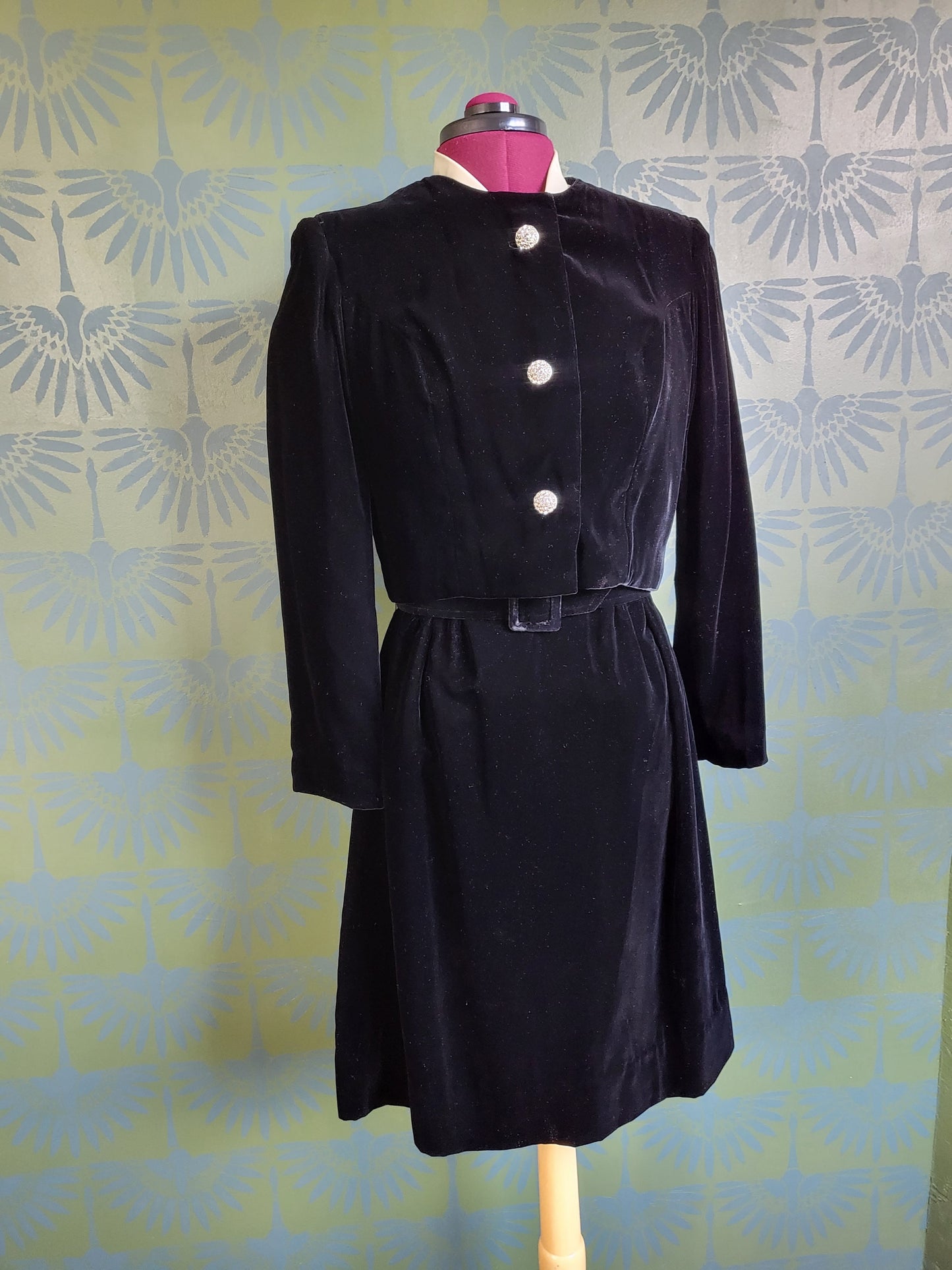 Vintage 1960's Ivory Satin and Black Velvet Color Block Dress with Bolero