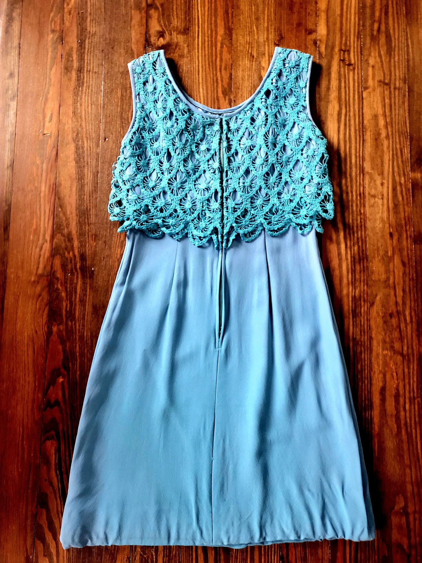 SOLD - Vintage 1960's Sky Blue with Teal Crocheted Bodice Shift Dress