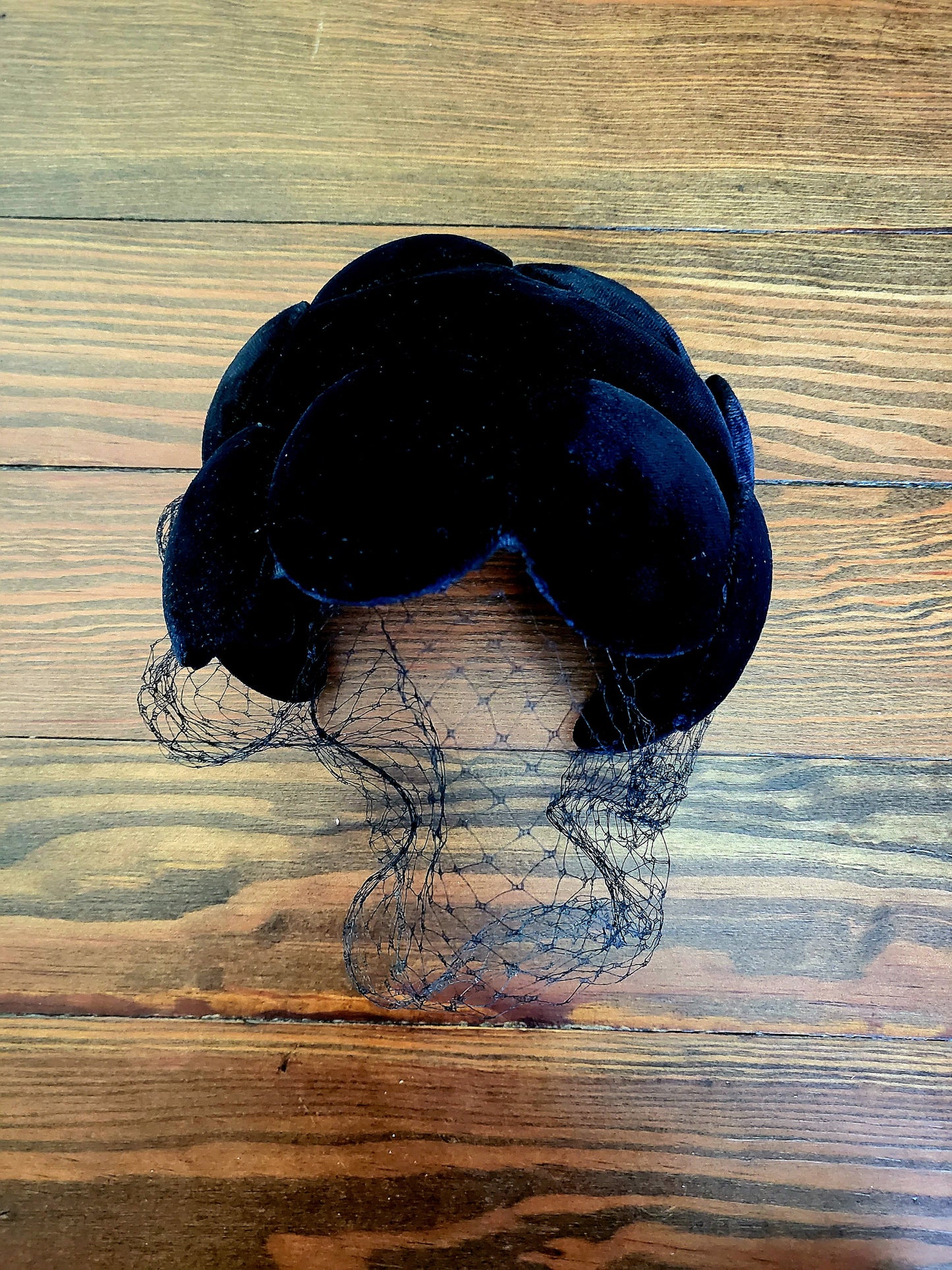 SOLD - Vintage 1950's The May Company Black Velvet Dot Crescent Cap with Birdcage Veil