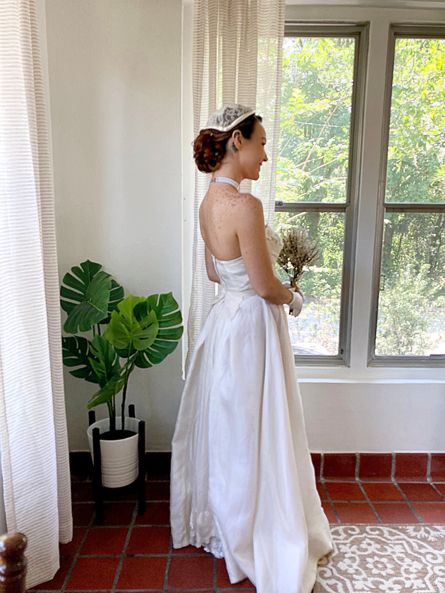 SOLD - Vintage 1950's Strapless Ivory Wedding Dress with Sequenced Lace Appliques