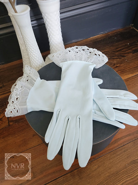 SOLD - Vintage Blue Chiffon Gloves with Wrist Ruffle