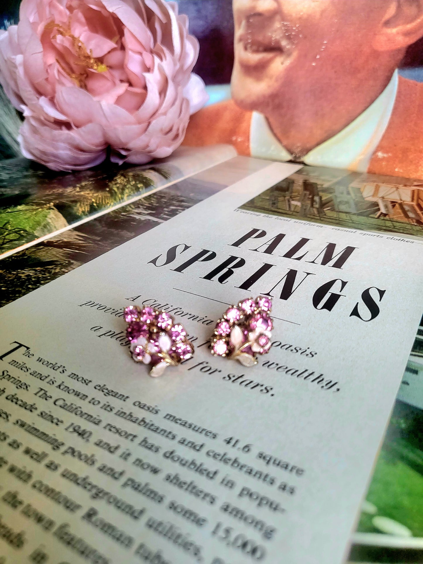 SOLD - Vintage Pink Enamel Daisy with Pink Rhinestone Cluster Studs (Clip-on)