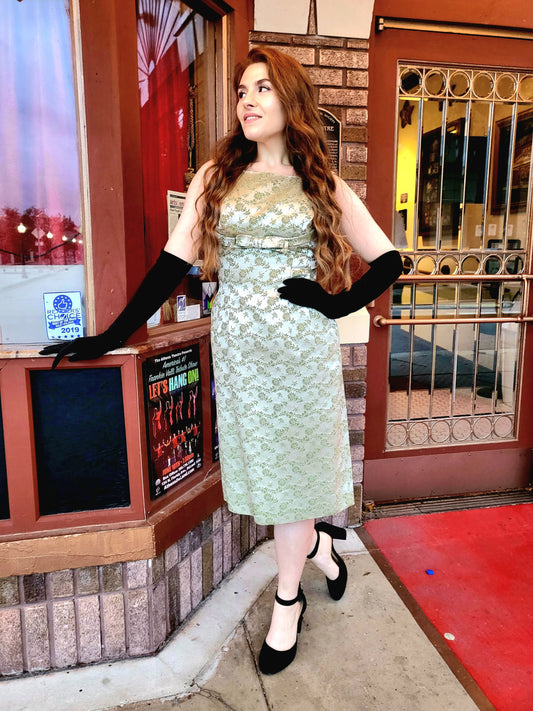 SOLD - Vintage 1950's-1960's Carol Craig Sage Green Brocade Wiggle Dress with Bolero