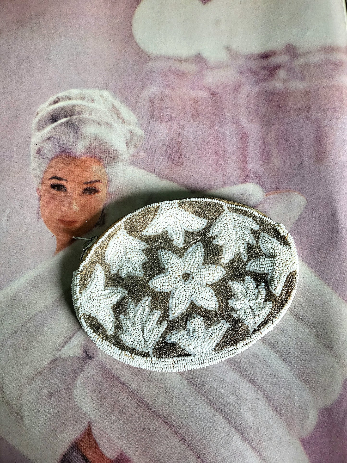 STOLEN - Vintage 1930s Hand Beaded Palm Clutch - Silver and White