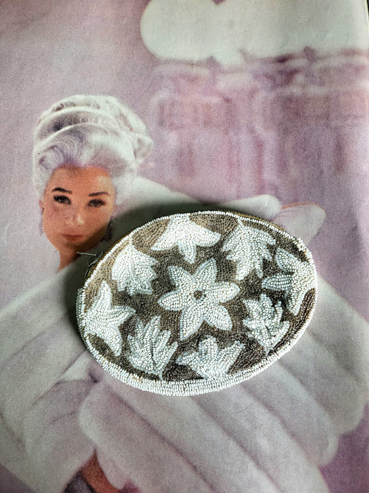 STOLEN - Vintage 1930s Hand Beaded Palm Clutch - Silver and White