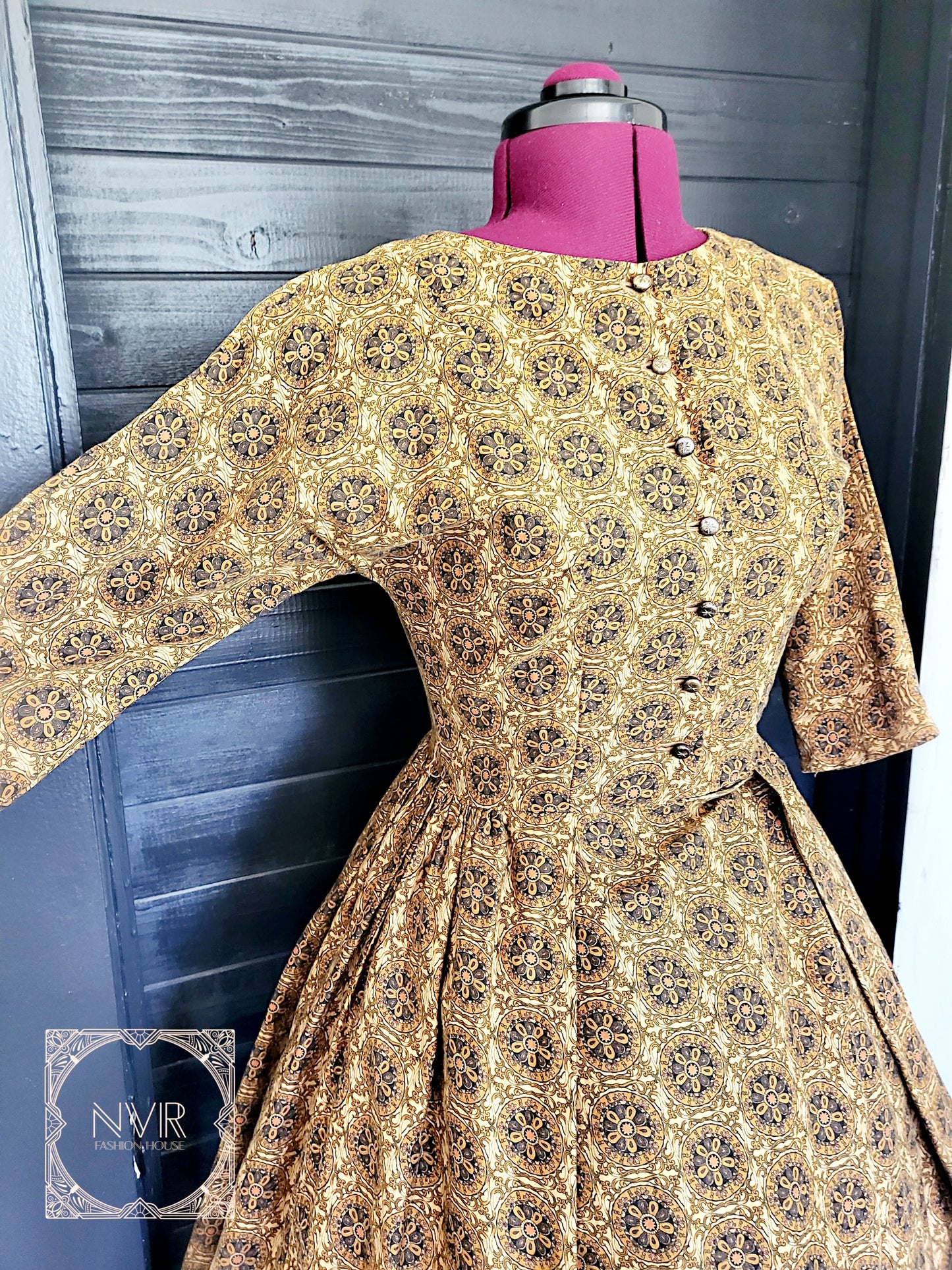 SOLD - Vintage 1950's Printed Day Dress-Brown