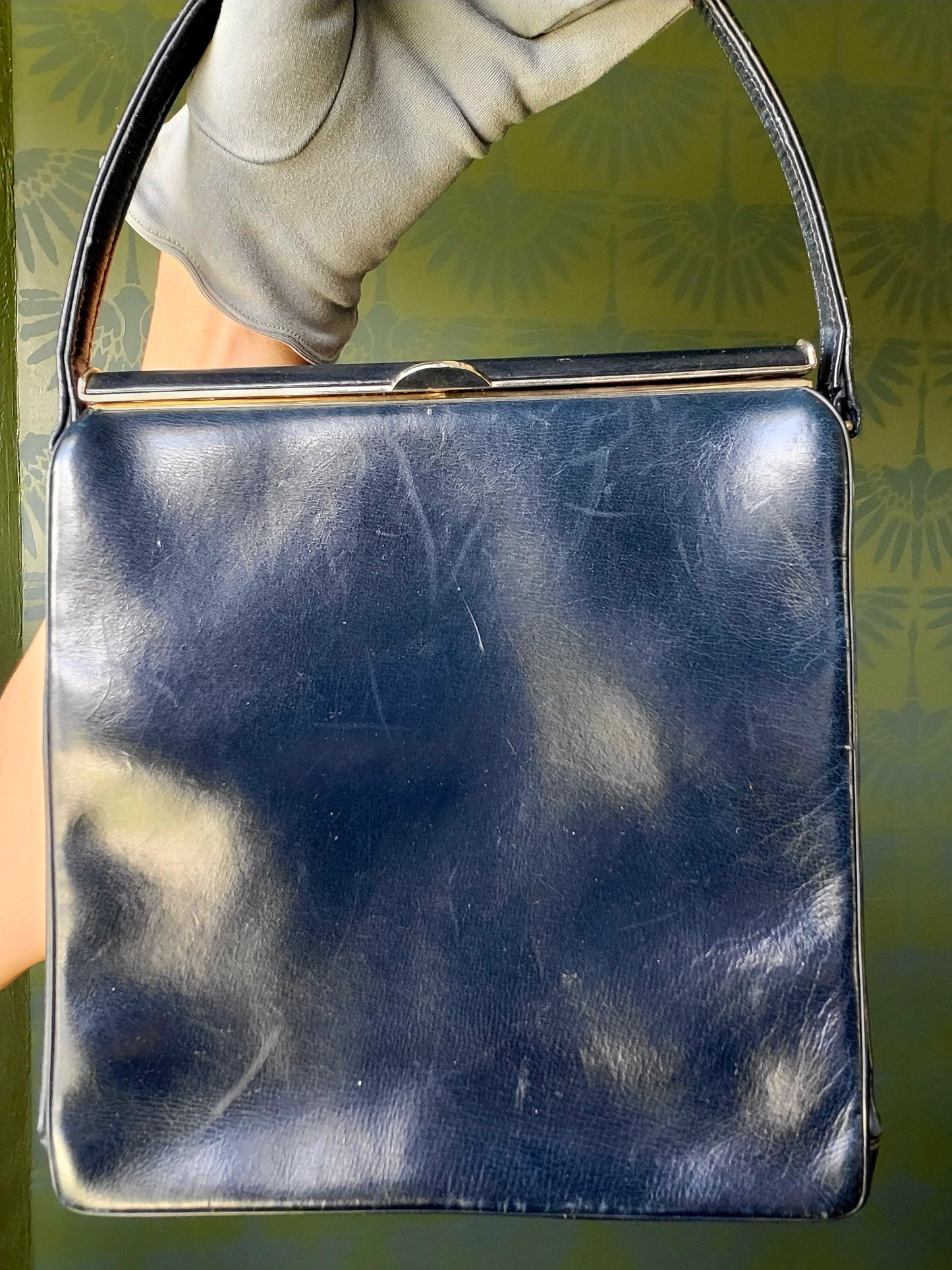 SOLD - Vintage "Waldman" Mid Century Navy Leather Handbag