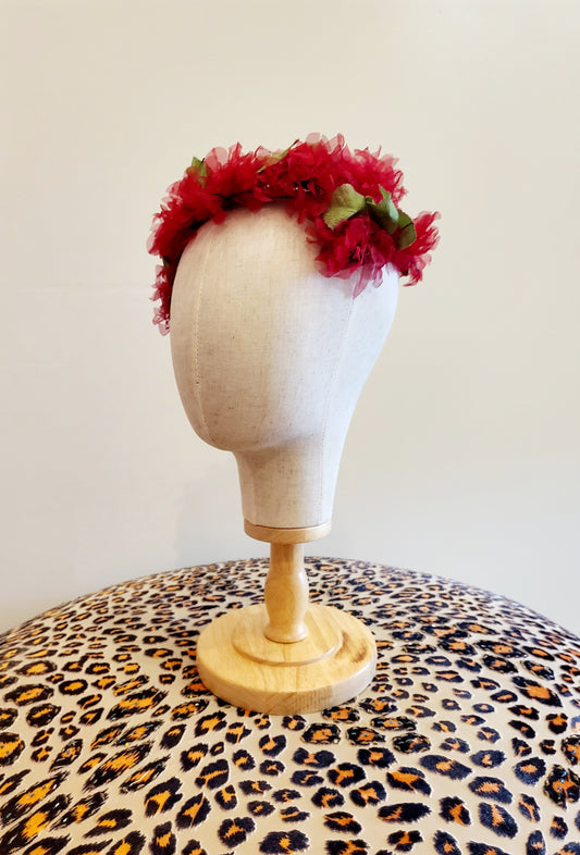 SOLD - Vintage Red Flower and Green Leaf Crescent Fascinator Hat