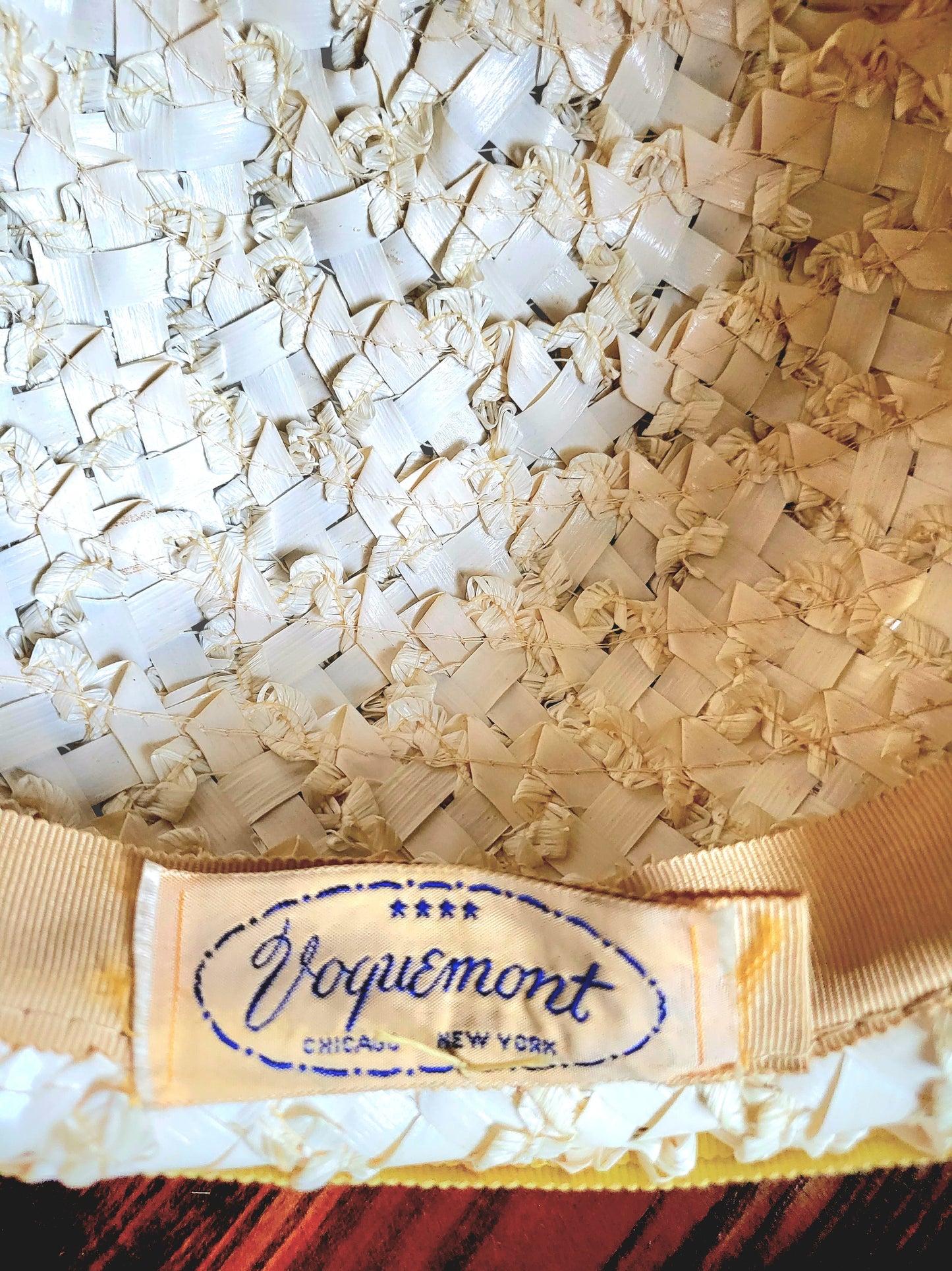 SOLD - Vintage 1950s-1960s Voguemont  Ivory Straw Weave Volume Hat with lemon Yellow Ribbon Trim and Faux Pearl Adornment