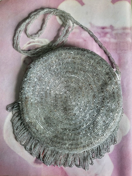SOLD - Vintage La Regale Silver Round Deco Beaded Evening Bag