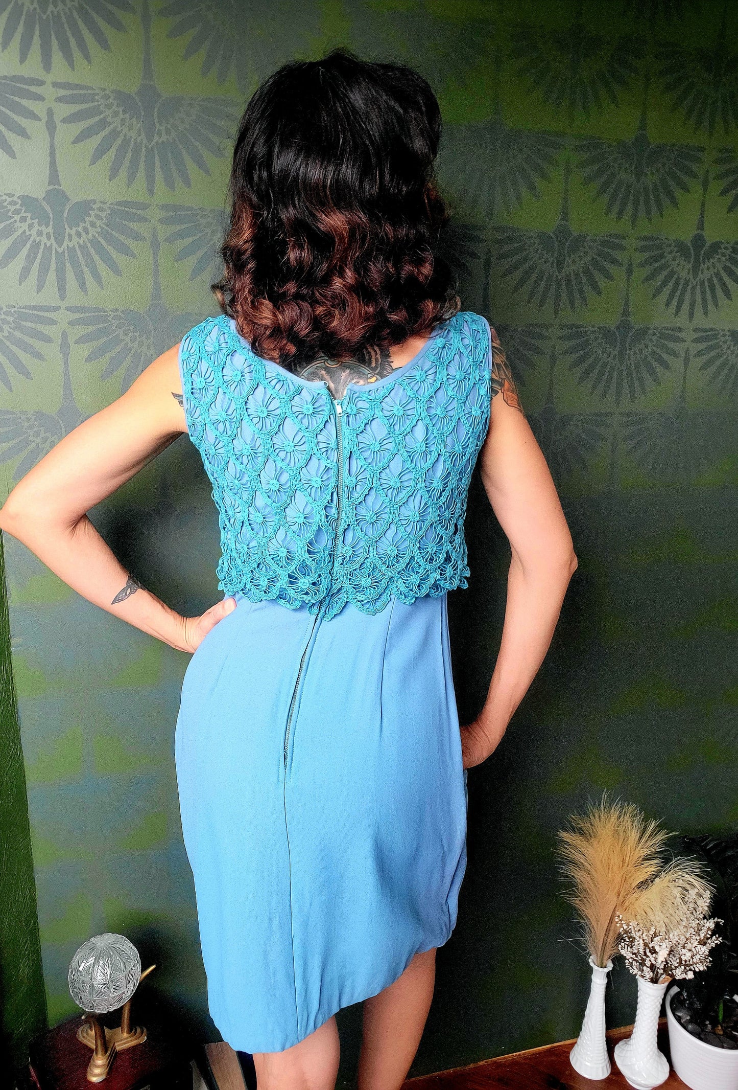 SOLD - Vintage 1960's Sky Blue with Teal Crocheted Bodice Shift Dress