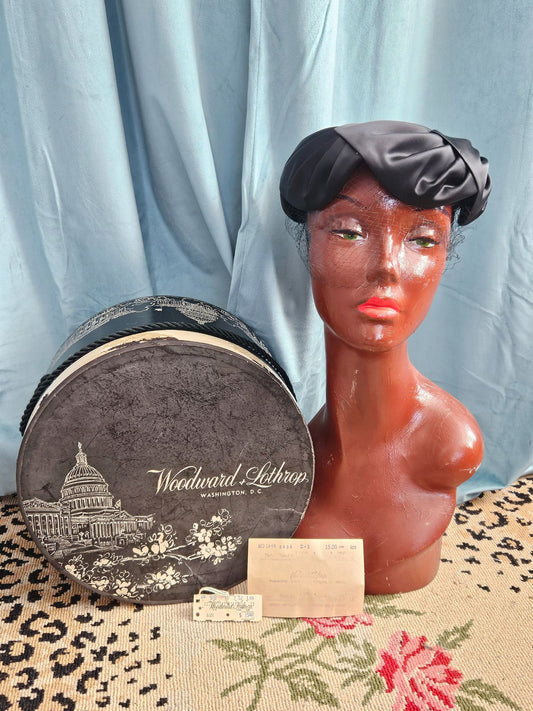 SOLD - Vintage 1950's Black Satin Topper