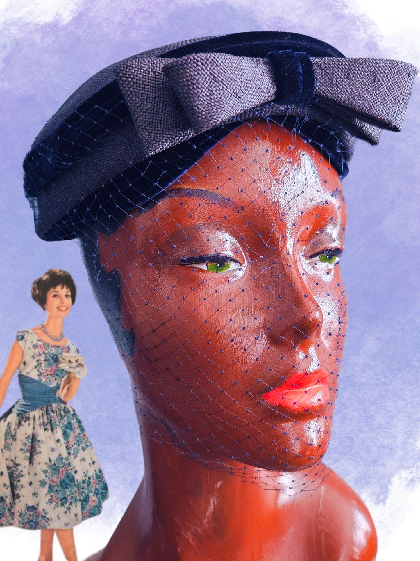 Vintage Navy Straw & Velvet Topper