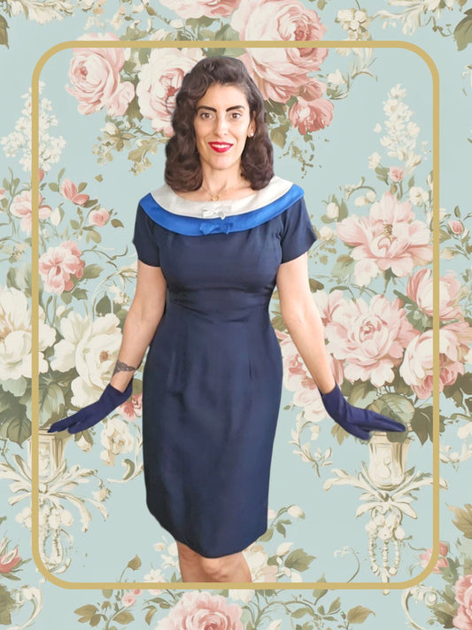 SOLD Vintage 1960's Navy Silk Wiggle Dress