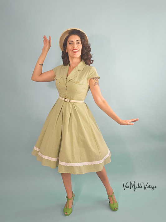 1940's Style Shirtwaist Dress - Green Gingham