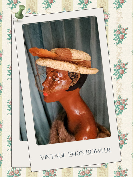 SOLD - Vintage 1940's Straw Bowler Hat