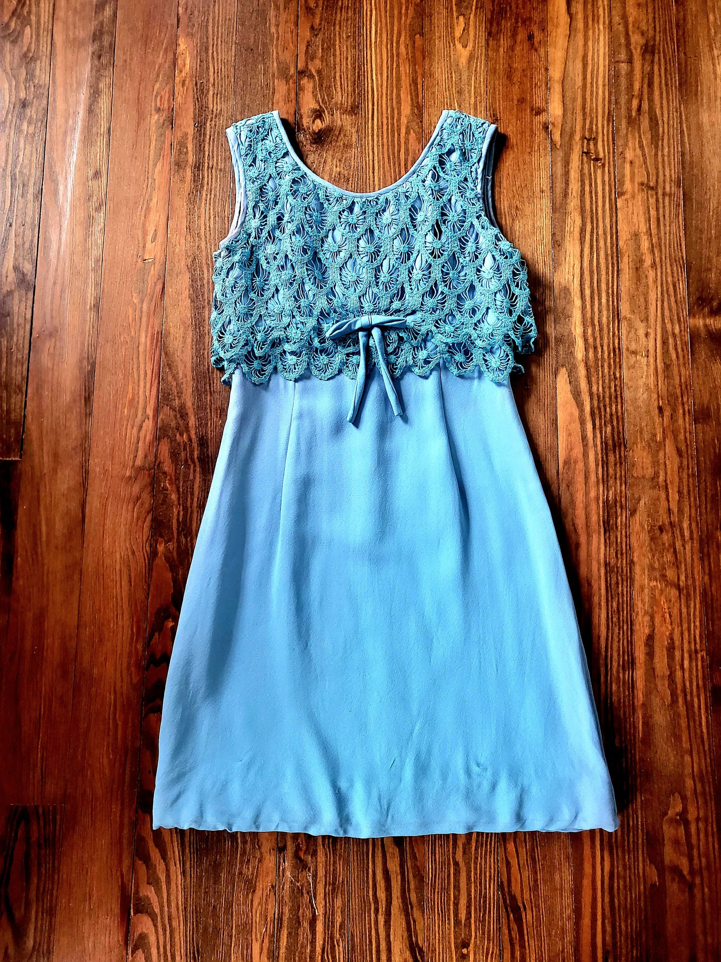SOLD - Vintage 1960's Sky Blue with Teal Crocheted Bodice Shift Dress
