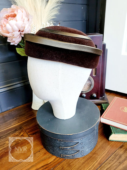 SOLD - Vintage 1940's-1950's Dowa for Joseph Horne -Brown Felt and Satin with Rolled Brim Topper