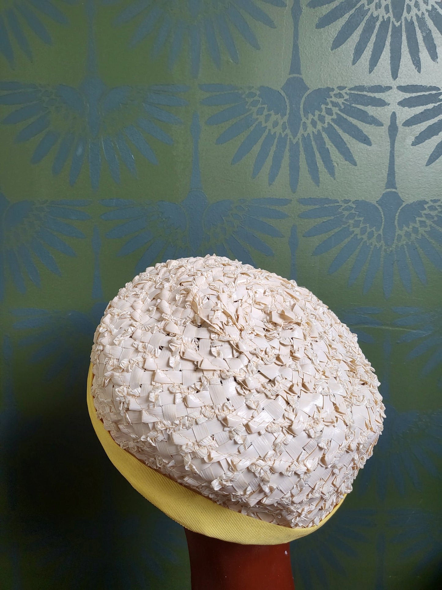 SOLD - Vintage 1950s-1960s Voguemont  Ivory Straw Weave Volume Hat with lemon Yellow Ribbon Trim and Faux Pearl Adornment
