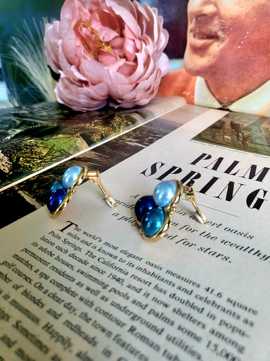 SOLD - Vintage Tri-Circle Blue and Teal Faux Pearl Studs (Clip-on)